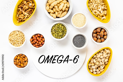 Top View of Variety of Nuts and Seeds on the White Background with Omega-6 Text Copy