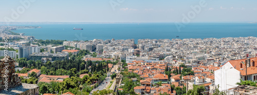 Panoramic view of city of Thessaloniki and the blue Aegean sea from the Tower of Trigonion (Alysseos Tower). Thessaloniki aerial panorama.