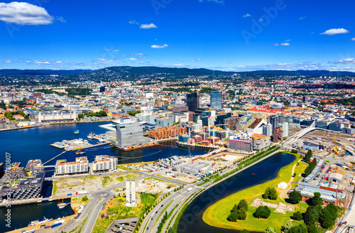 Aerial view of Sentrum area of Oslo, Norway, with Barcode buildings and the river Akerselva