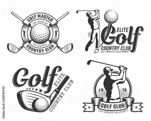 Golf emblem with golfer, club and ball in retro vintage style.