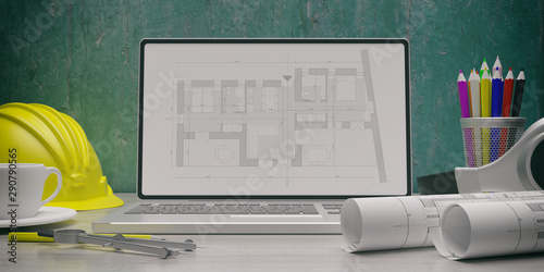 Residential building blueprint plan on a laptop screen. 3d illustration