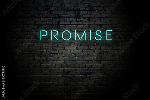 Highlighted brick wall with neon inscription promise