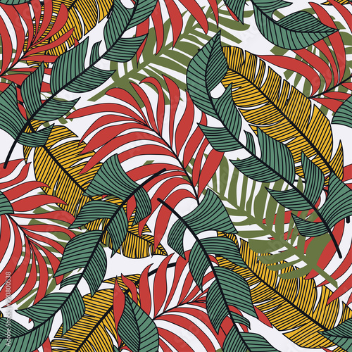 Summer seamless tropical pattern with plants and leaves in red and yellow on a light background. Seamless exotic pattern with tropical plants. Colorful stylish floral. Hawaiian style.