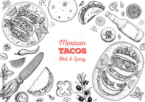 Tacos cooking and ingredients for tacos, sketch illustration. Mexican cuisine frame. Fast food menu design elements. Tacos hand drawn frame. Mexican food.