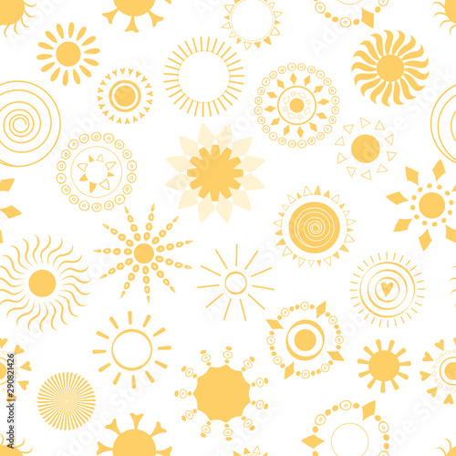 Yellow summer sun seamless pattern Sunny summer seamless backgroud. Cute suns elements