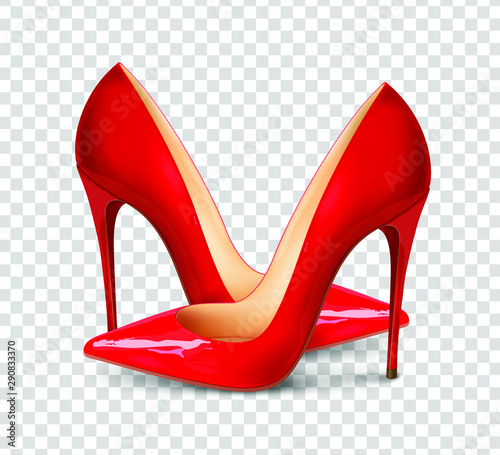 A pair of beautiful female shoes on a transparent background, sexy shoes, classic. High-heeled shoes, patent leather shoes. 3D effect. Vector illustration. EPS10
