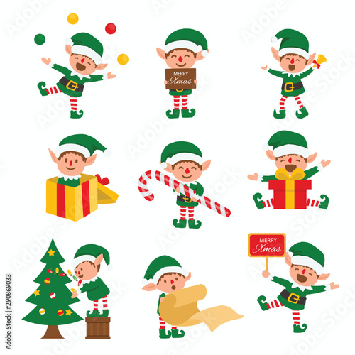 Collection of Christmas elves isolated on white background. funny and joyful santa helper sending holiday gift and decoration christmas tree .vector illustration.