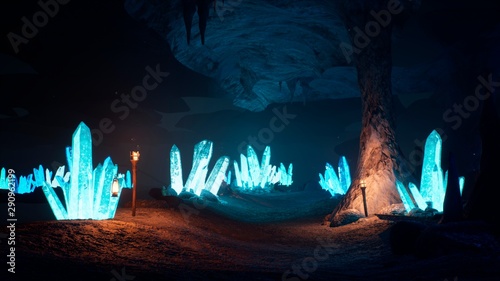 Blue mystical cave with the magic of sparkling crystals. 3D Rendering