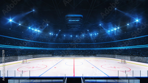 Grand ice hockey rink and illuminated indoor arena with fans, tribune side view, professional ice hockey sport 3D render
