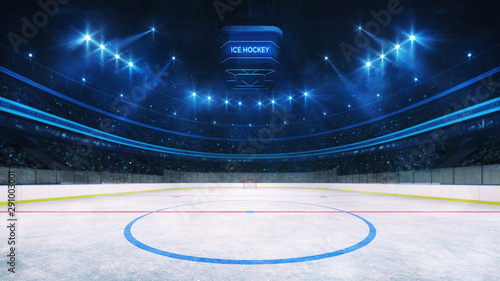 Ice hockey rink and illuminated indoor arena with fans, middle circle view, professional ice hockey sport 3D render