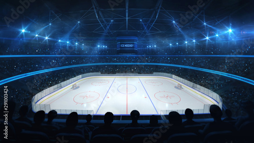 Ice hockey stadium with spotlights and crowd of fans, upper side view, professional ice hockey sport 3D render