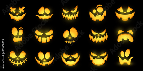 Scary and funny glowing faces of Halloween pumpkin or ghost . Vector collection.