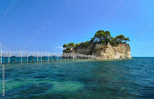 Wooden bridge to the island of Agios Sostis on the island of Zakynthos in Greece.