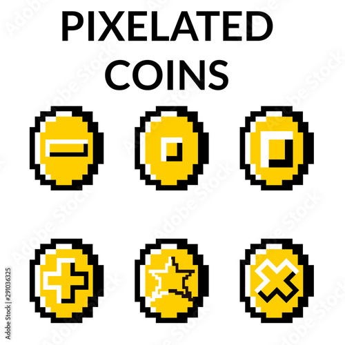 Six different kind of pixelated coins for videogames and illustrations.