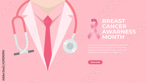 Doctor in lab coat with stethoscope with pink ribbon on pink background.
