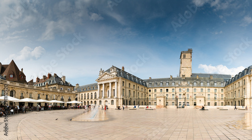 view of the Place de La Liberacion Square in the heart of the old town of Dijon with people dining out in the many restaurants