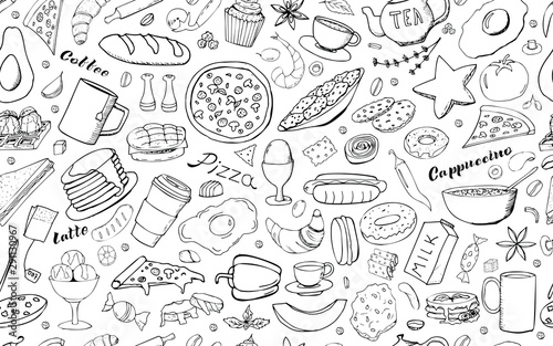 Vector background with breakfast, lunch, coffee, pizza, snacks. Useful for packaging, menu design and interior decoration. Hand drawn doodles. Seamless pattern of food elements on white background.