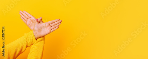 Hands gesture bird over yellow background , panoramic mock up image