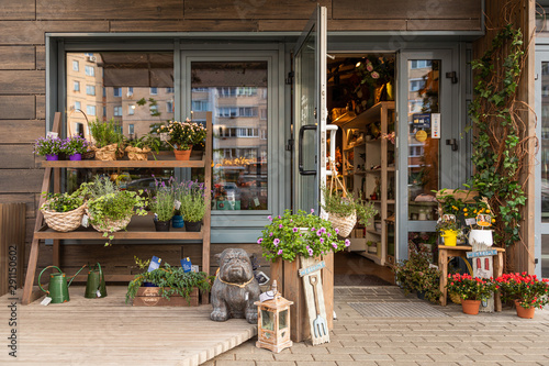 Cosy floral shop with shelves of flowers and garden decorations