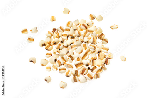 Closeup image of job's tears seeds pile also known as coix lacryma-jobi isolated at white background.