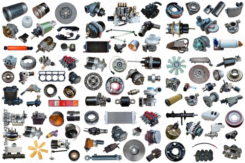 Auto spare parts car on the white background. Set with many isolated items for shop or aftermarket