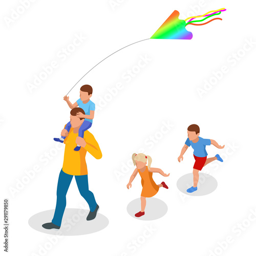 Isometric happy family father and child daughter launch a kite on nature. Outdoor, playing with wind toy on weekend, vacation, holiday.