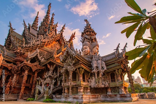 Thailand. Fragment of the Temple of truth in Pattaya. A huge wooden temple with carved decorations. Buddhist temple. Religious building in Pattaya. Tourist attraction of Thailand.
