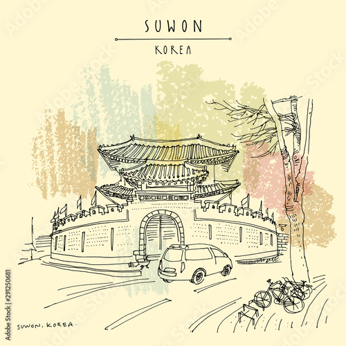 Suwon, South Korea, Asia. Paldalmun gate in Hwaseong Fortress, street car traffic and bicycle parking on a sidewalk. Travel sketch. Vintage touristic postcard in vector