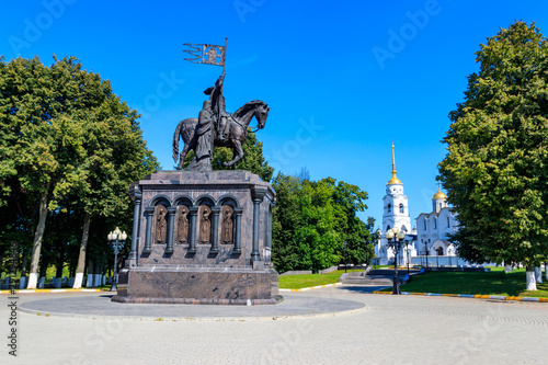 Monument to founder of Vladimir city Prince Vladimir the Red Sun and sanctifier Feodor on the viewing platform with views of Assumption Cathedral in Vladimir, Russia