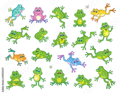 A large set of funny frogs in various colors and poses. In cartoon style. Isolated on a white background.