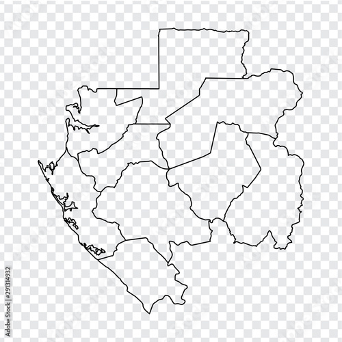 Blank map Gabon. High quality map Gabonese Republic with provinces on transparent background for your web site design, logo, app, UI. Stock vector. EPS10. 
