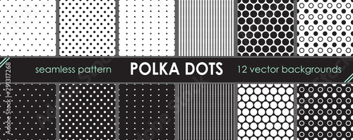 Set of vector seamless and repeating pattern. Polka dots background. Printable bundle of the circles and dots. 12 backdrops for your graphic design.