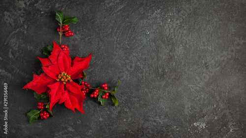 Christmas decoration with poinsettia flowers and holly berry on black background. Festive winter holiday concept. Flat lay.