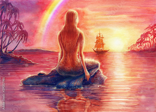 Painting fantasy watercolor landscape with mermaid silhouette, seascape with nixie, water nymph, undine, seamaid in sea, beautiful sunset, ocean, palm trees, hand drawn background
