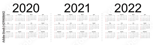 Simple editable vector calendars for year 2020 2021 2022. Week starts from Sunday. Isolated vector illustration on white background.