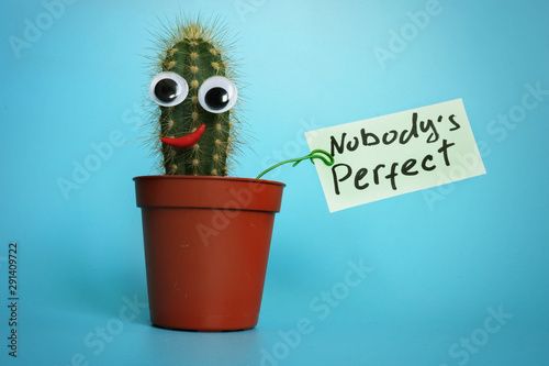Funny cactus with sign Nobody is perfect.