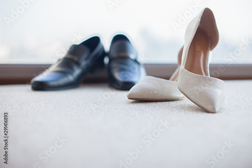 Couple shoes, Black leather shoes and bridal beige shoes, Groom wedding accessories.