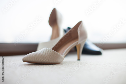 Couple shoes, Black leather shoes and bridal beige shoes, Groom wedding accessories.