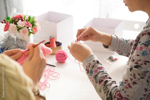 Young attractive girls in a crochet lesson