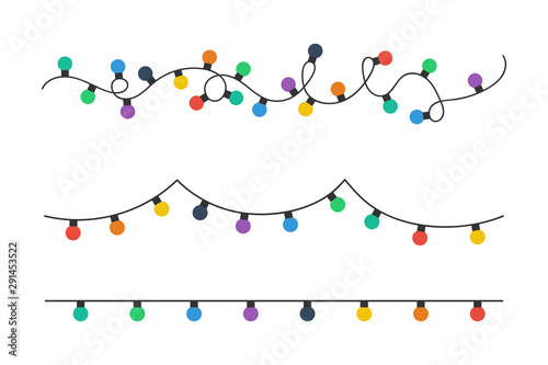 Christmas lights bulbs. Colorful christmas lights bulbs isolated on white background. Color garlands. Lights bulbs in simple trendy flat design. Christmas illustrtation. Vector