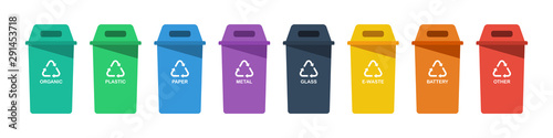 Separation concept. Set of color recycle bin icons in trendy flat style, isolated on white background. Green blue violet black yellow orange and red recycle bins with recycle symbol. Vector