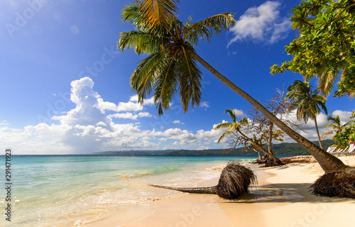 Wonderful holidays on beautiful and lonely lagoon on the paradise beach Playa Rincon on Samana, Dominican Republic in the Caribbean with palms trees, and dream beach and beautiful clear water. 