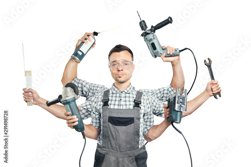 Funny portrait of a craftsman with 6 arms and tools