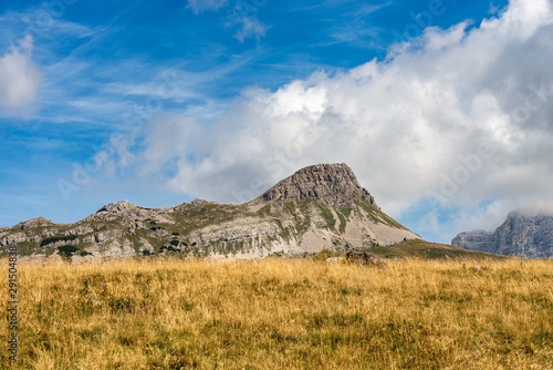 Mount Castellaz, trekking of the Thinking Christ, peak of the Dolomites in Italian Alps, UNESCO world heritage site in Trentino Alto Adige, Passo Rolle, Italy, Europe
