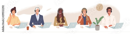 Call center, hotline flat vector illustrations. Smiling office workers with headsets cartoon characters. Customer support department staff, telemarketing agents. Multiethnic, diverse team.