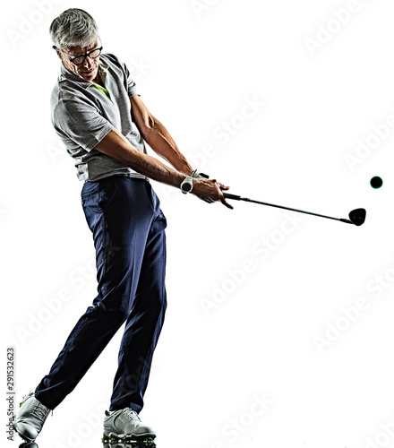 one caucasian senior man golfer golfing in studio shadow silhouette isolated on white background