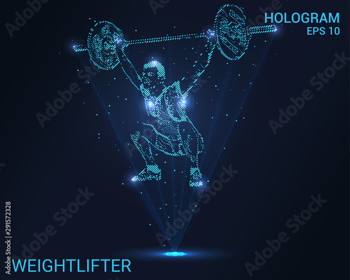 Hologram weightlifter. A holographic projection of power sports. Flickering energy flux of particles. Scientific registration of sports.