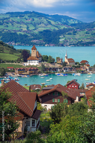 Spiez, Bern / Switzerland - July 3rd, 2019: General view of Spiez on the shore of Lake Thun (Thunersee) in the Bernese Oberland