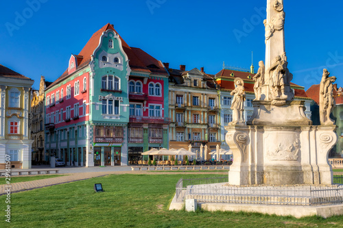 Colorful buildings on Union Square. The city center of Timisoara, Romania. Image