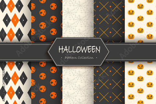 Set of halloween backgrounds. Collection of patterns in the traditional holiday colors. Vector illustration.
